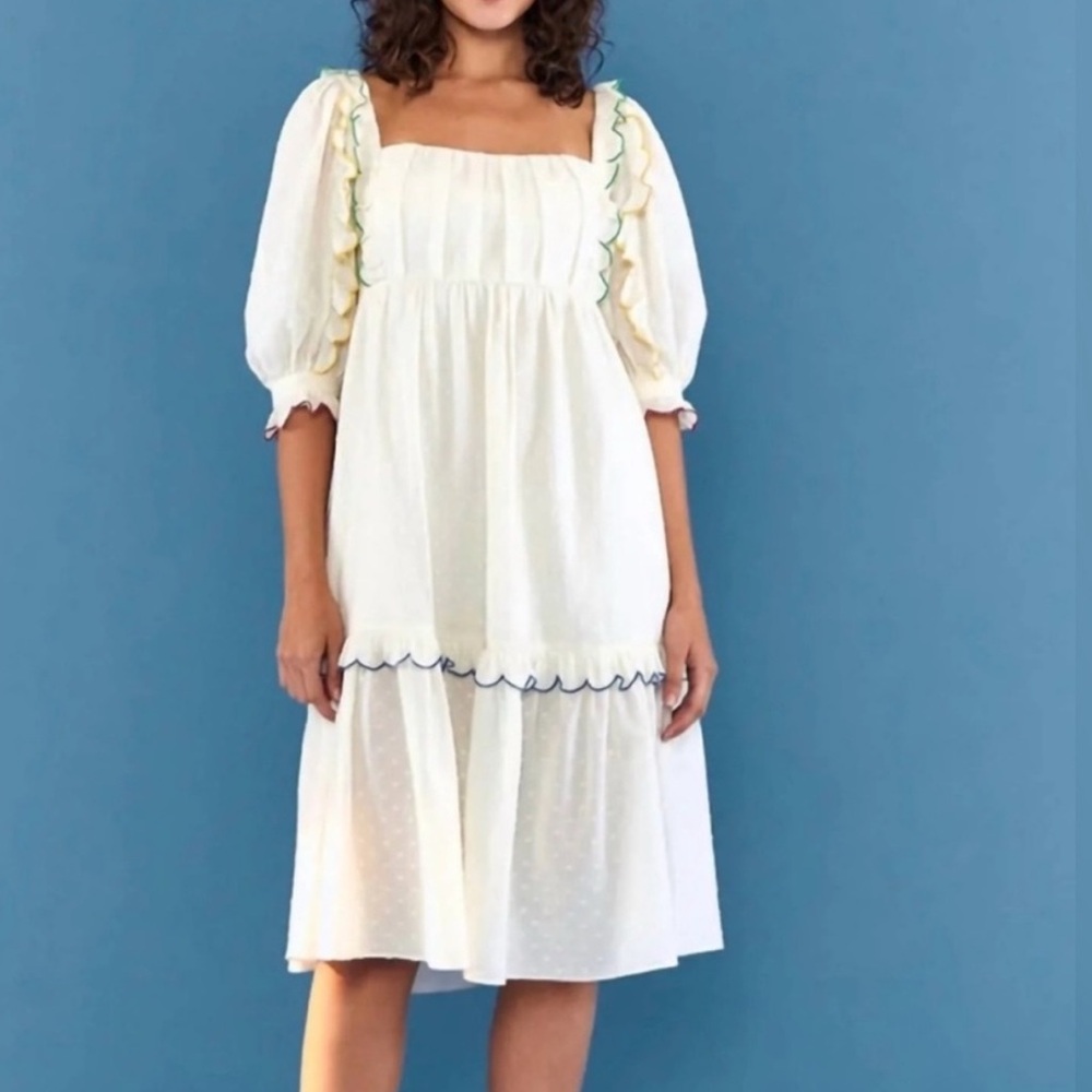 FARM Rio White Midi Dress with Multicolor Trim
